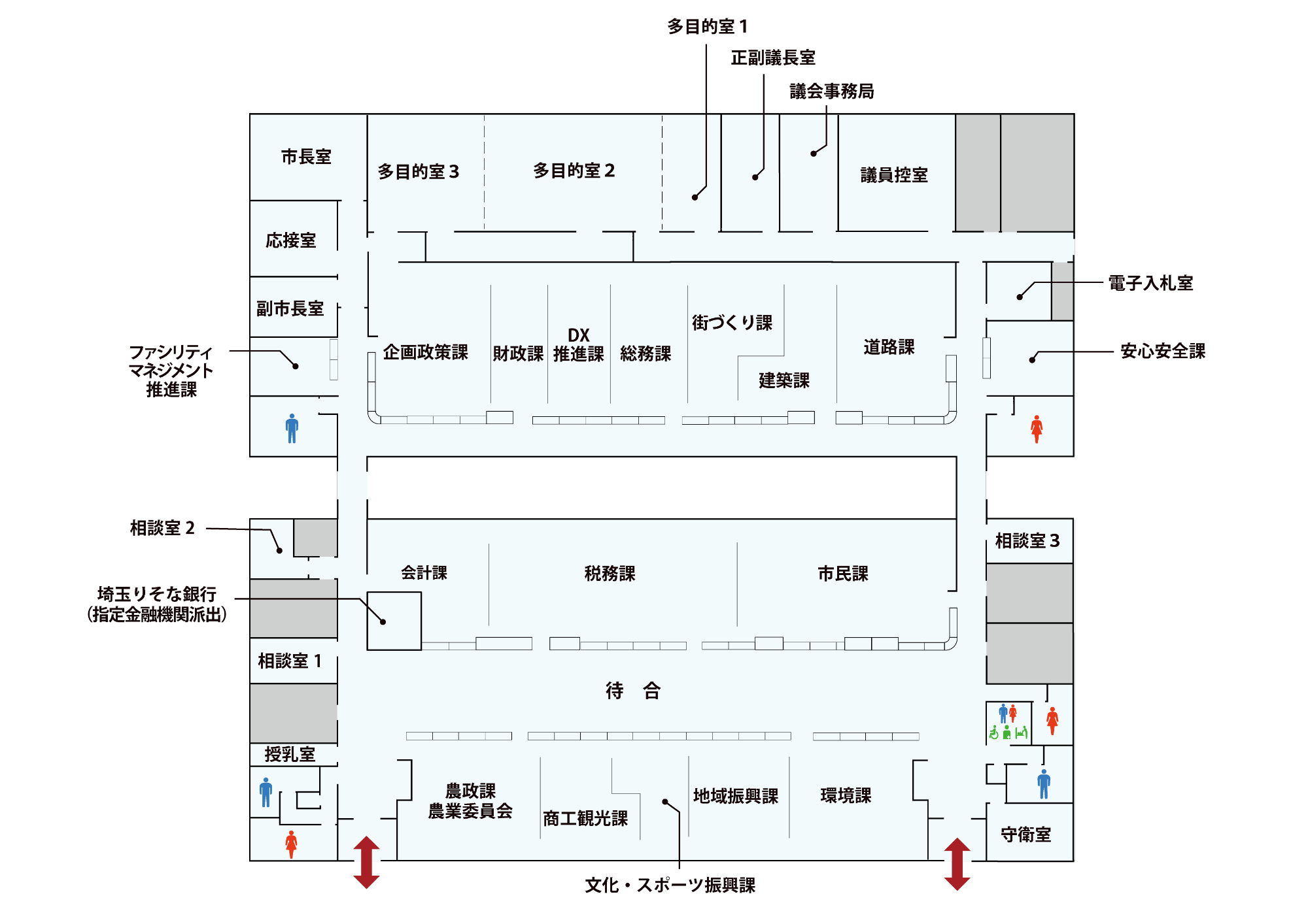 令和7年12月15日以降にオープンする、白岡市の仮設本庁舎のフロアマップです。