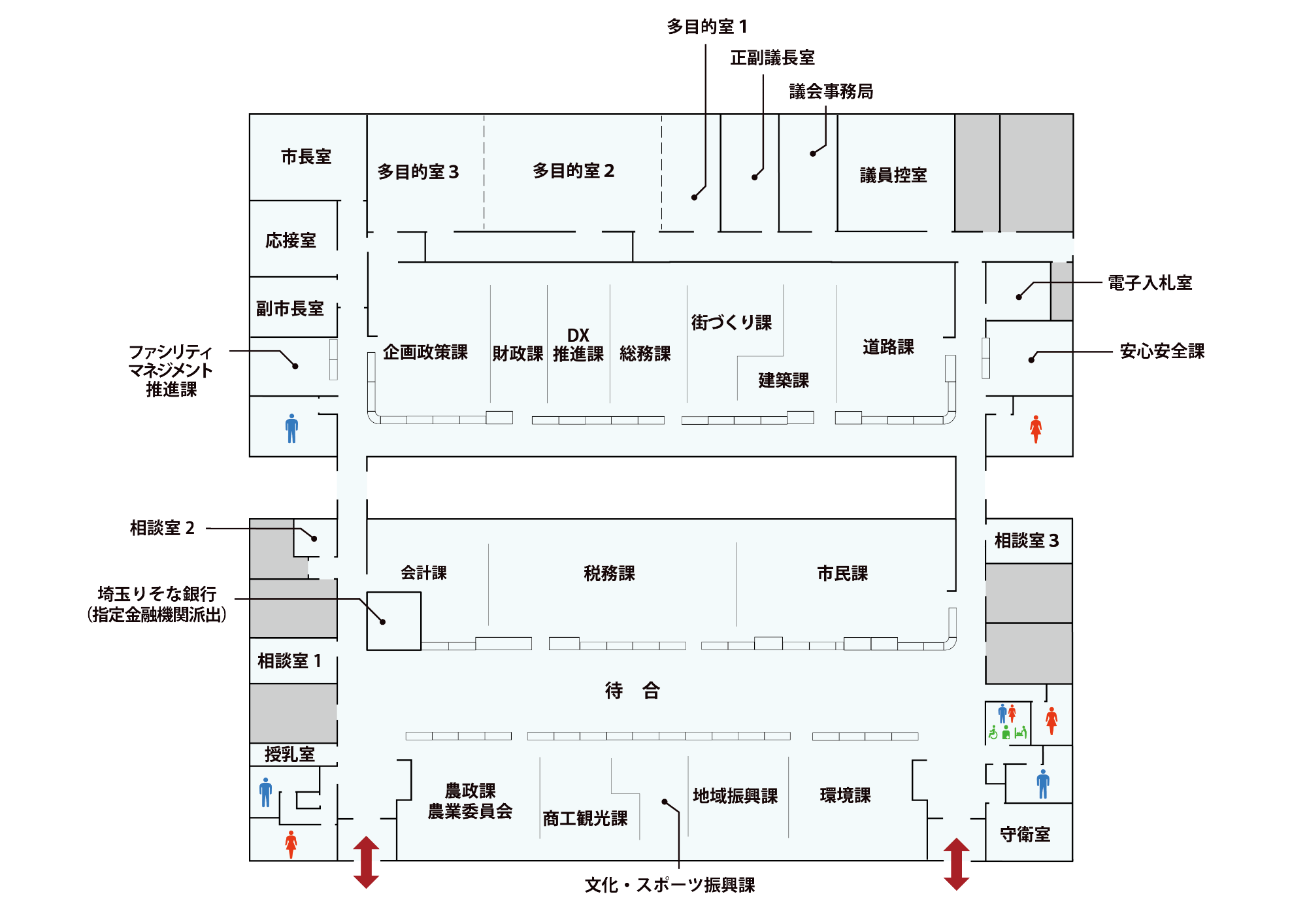 令和7年12月15日以降にオープンする、白岡市の仮設本庁舎のフロアマップです。