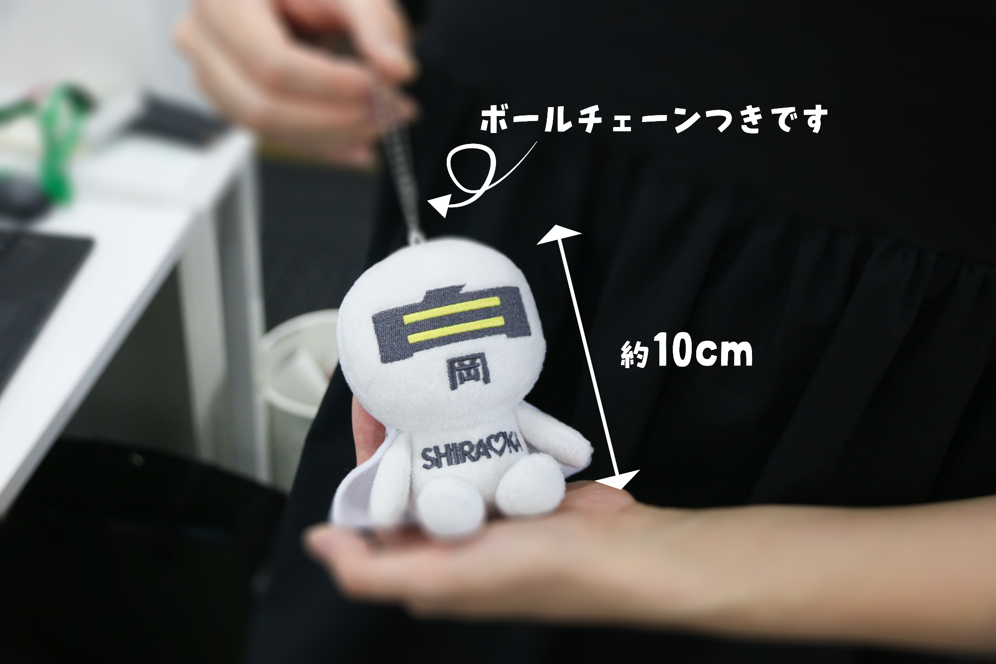 サイズ感を示す写真です 約10cmのぬいぐるみで、ボールチェーンがついています