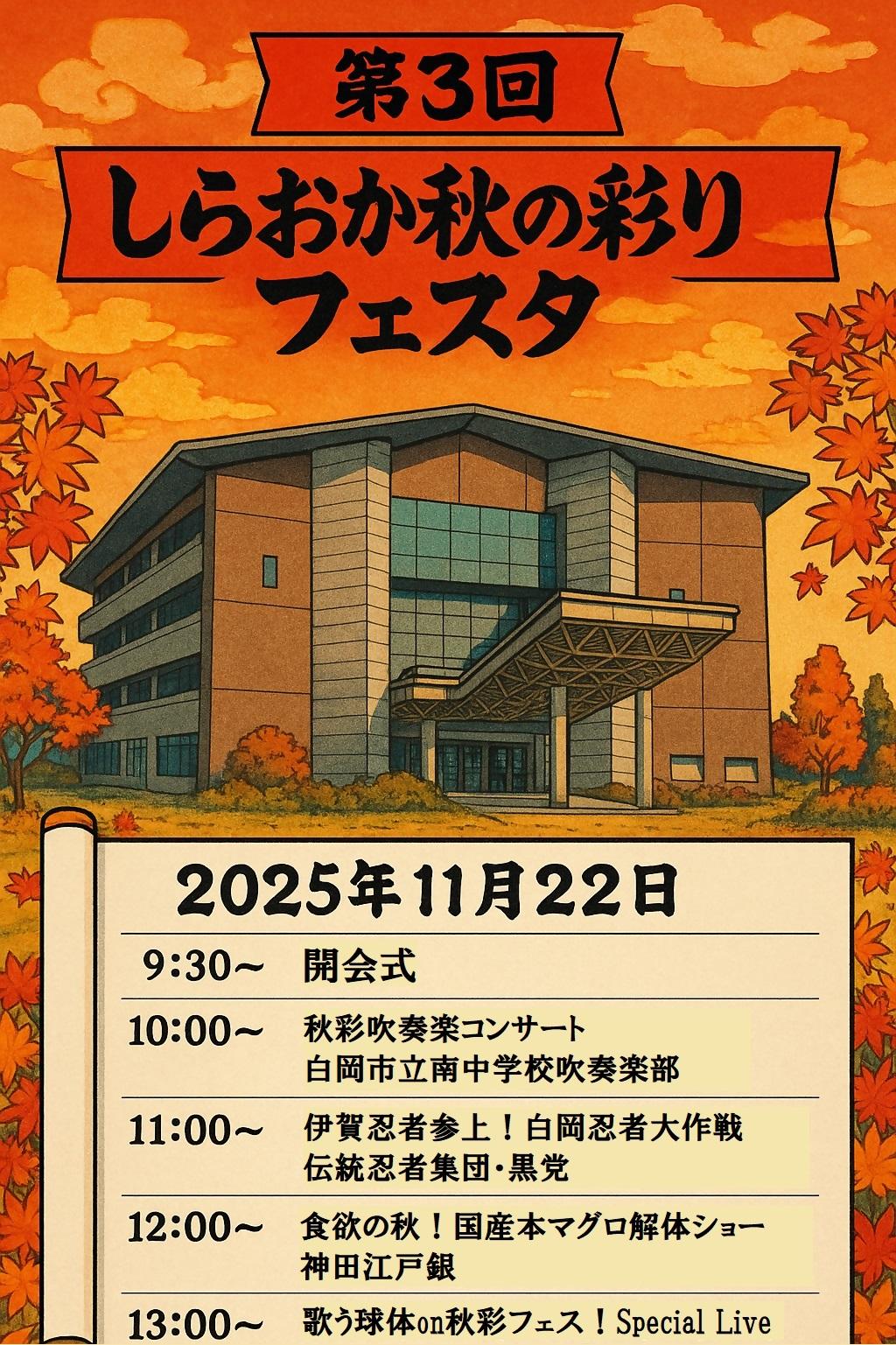 しらおか秋の彩りフェスタステージイベントのスケジュール表です。9時30分から開会式、10時から吹奏楽コンサート、11時から忍者ショー、12時からマグロ解体ショー、13時からスペシャルライブが開催されます。