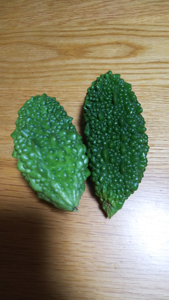 テーブルに乗っている2個のゴーヤの写真