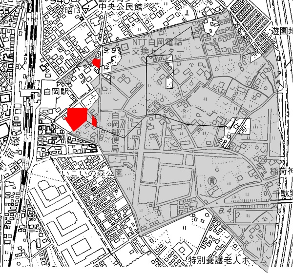 供用開始区域図が赤く塗りつぶされた地図