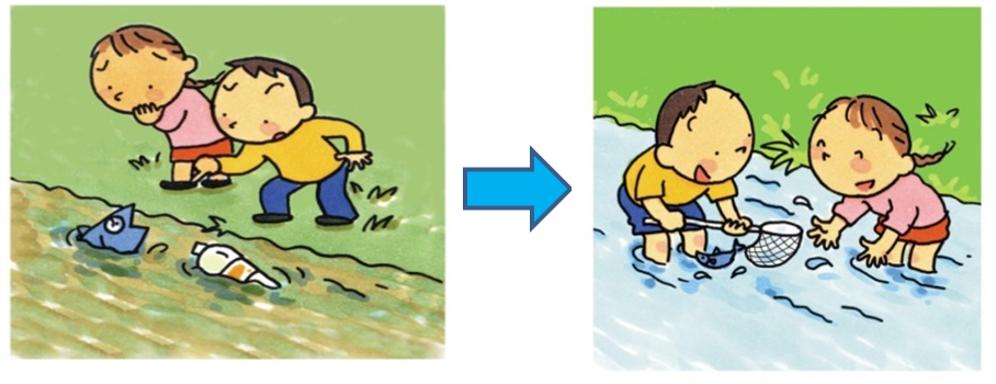 川の水が濁りゴミなどが浮いている状況から、下水道が整備され綺麗な川になり子供たちが川で水遊びをしている様子を描いたイラスト
