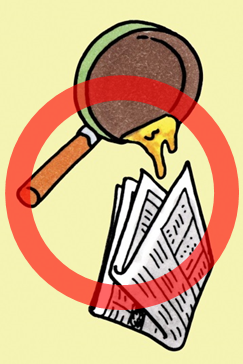 フライパンから出た油を新聞紙で処理する様子に大きな丸印がついているイラスト