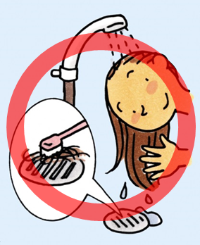 シャワーを浴びて排水溝にたまった髪の毛をブラシで掃除している女性に大きな丸印がついているイラスト