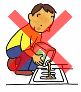 一斗缶から排水溝に液体を捨てる男性に大きなバツ印がついているイラスト