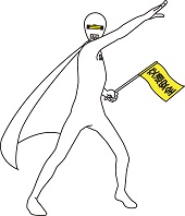 交通安全の旗をもってポーズをきめているシラオ仮面のイラスト
