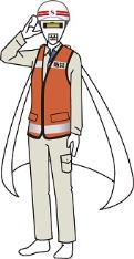 ヘルメットを被り、作業服とオレンジ色のベストを着て敬礼ポーズをしているシラオ仮面のイラスト