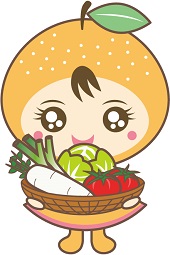 大根、ネギ、キャベツ、トマトが入ったざるを持っているなしりんのイラスト