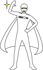 左手を腰に当てて右手を挙げてポーズをとっているシラオ仮面のイラスト