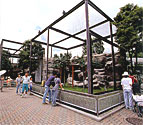 動物園の檻の前で、5人ほどの人が中を見ている、東武動物公園の様子の写真