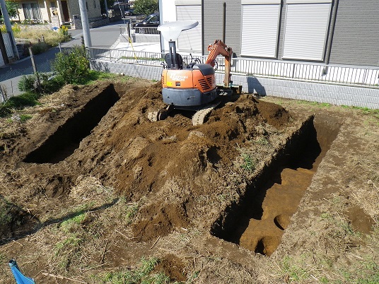 ユンボが置かれている左右に縦に深く掘った溝の発掘跡の写真