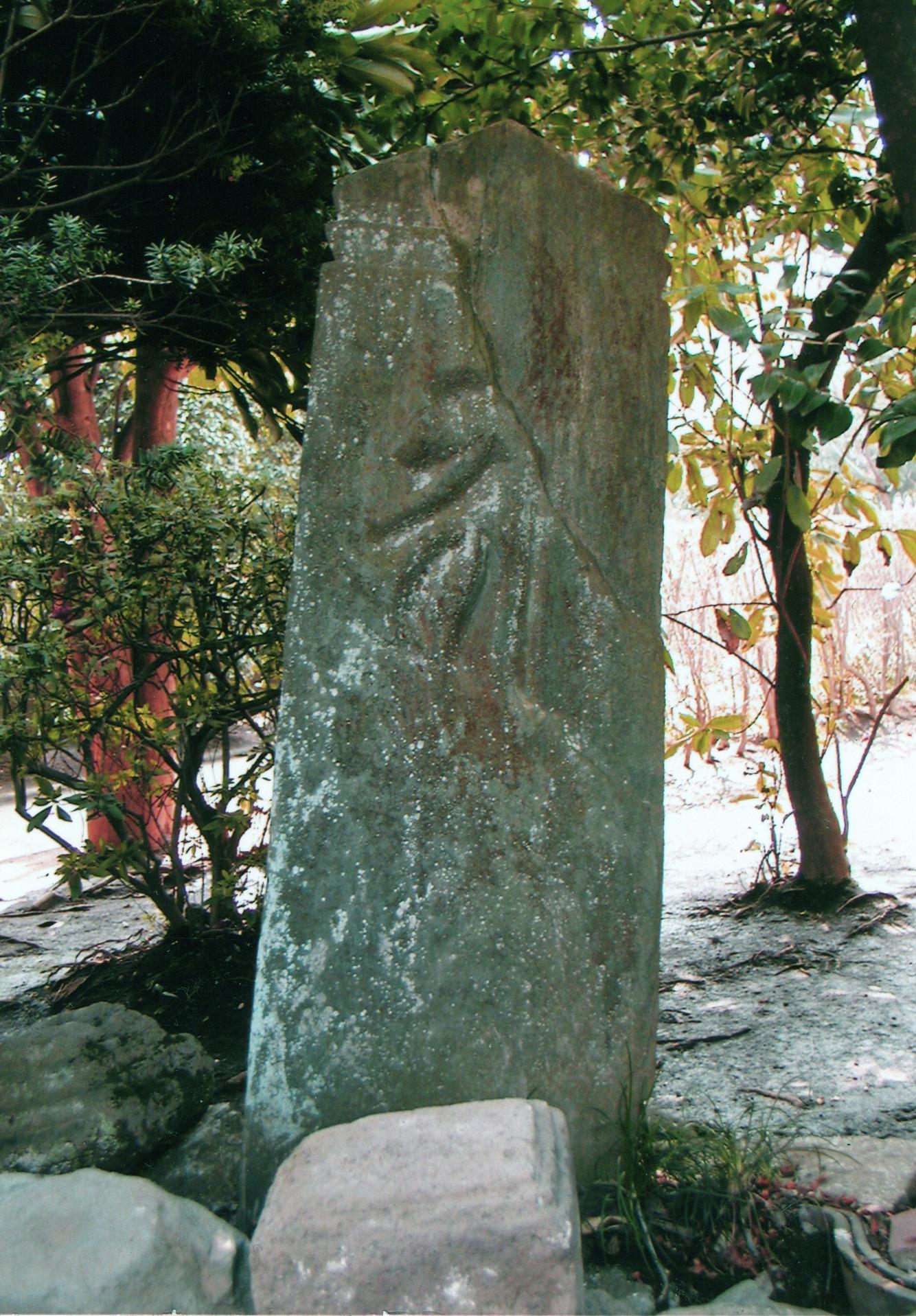 木々に囲まれた興善寺境内にある板石塔婆の写真