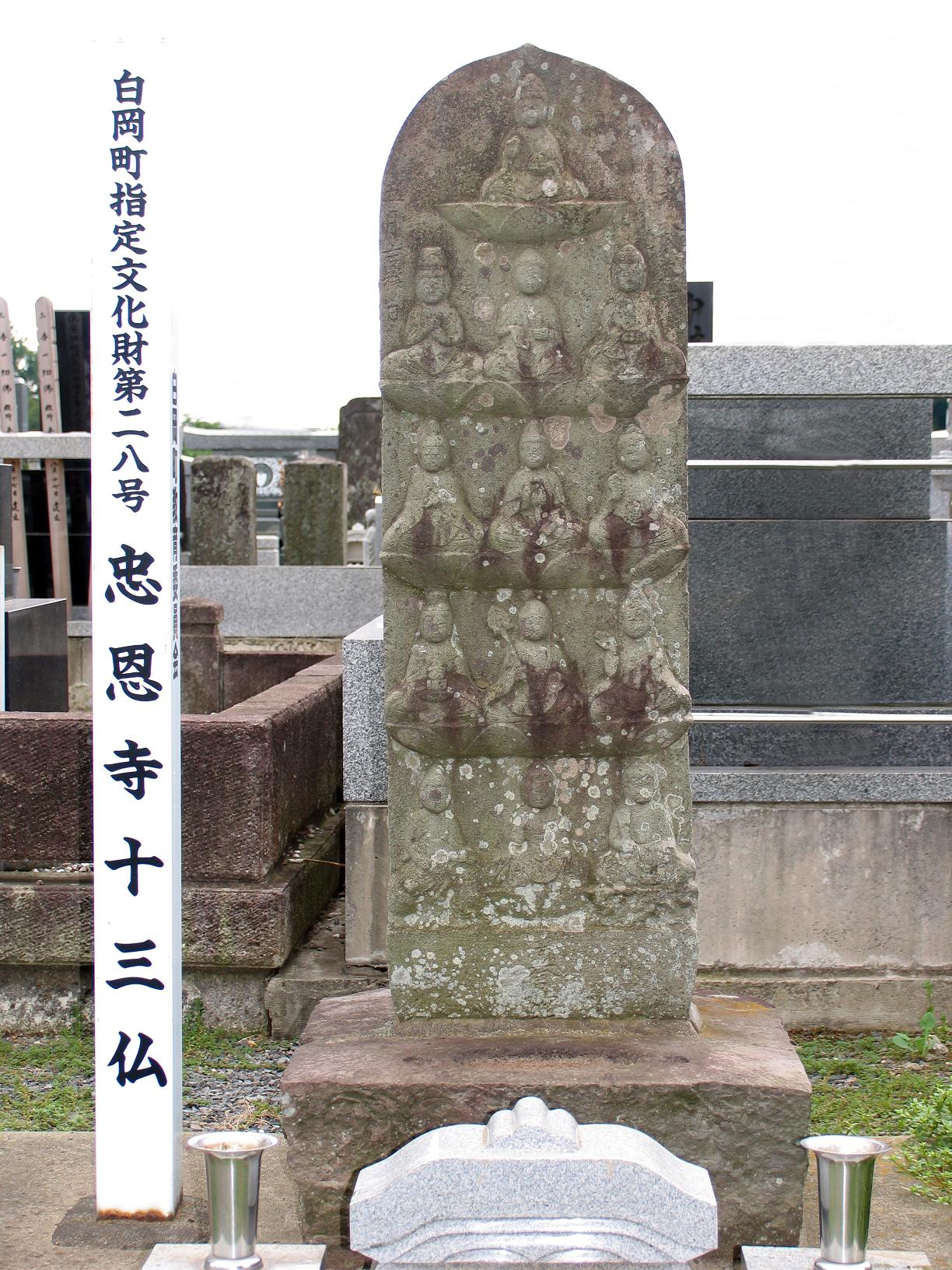 白岡町指定文化財第二八号忠恩寺十三仏と書いた看板と石碑の表面に13体の仏さまが彫られた忠恩寺十三仏の写真
