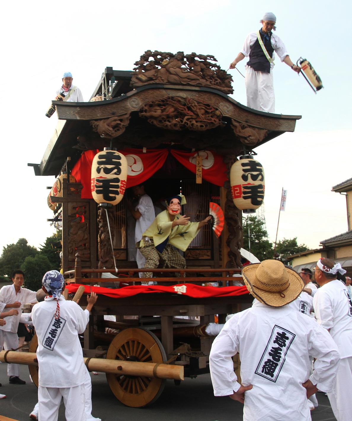 下宿の山車の中でお面を付けた人が扇子を持ち踊っている様子の写真