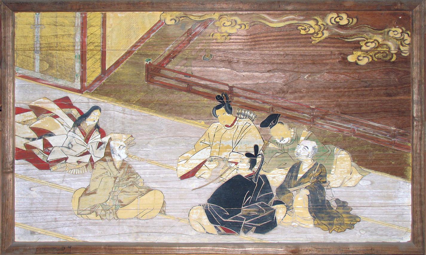 6名の歌人が輪になって座り、楽しそうに歌を詠んでいる六歌仙の奉納絵馬の写真