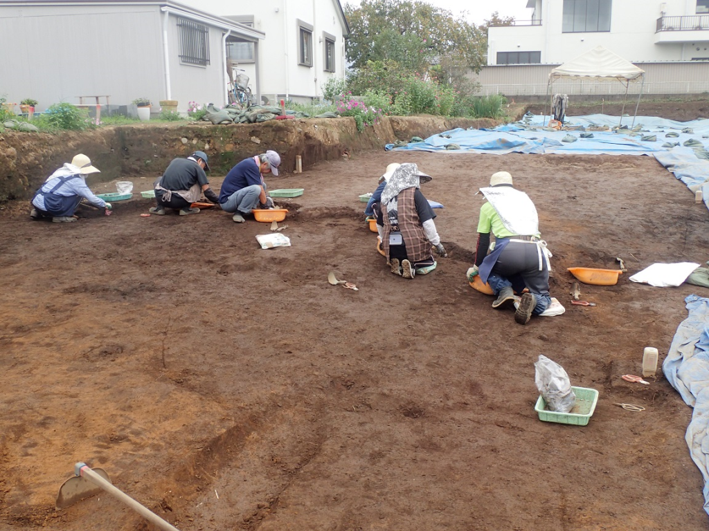 5名の作業員の方が横一列に並び、地面に座って作業を行っている写真