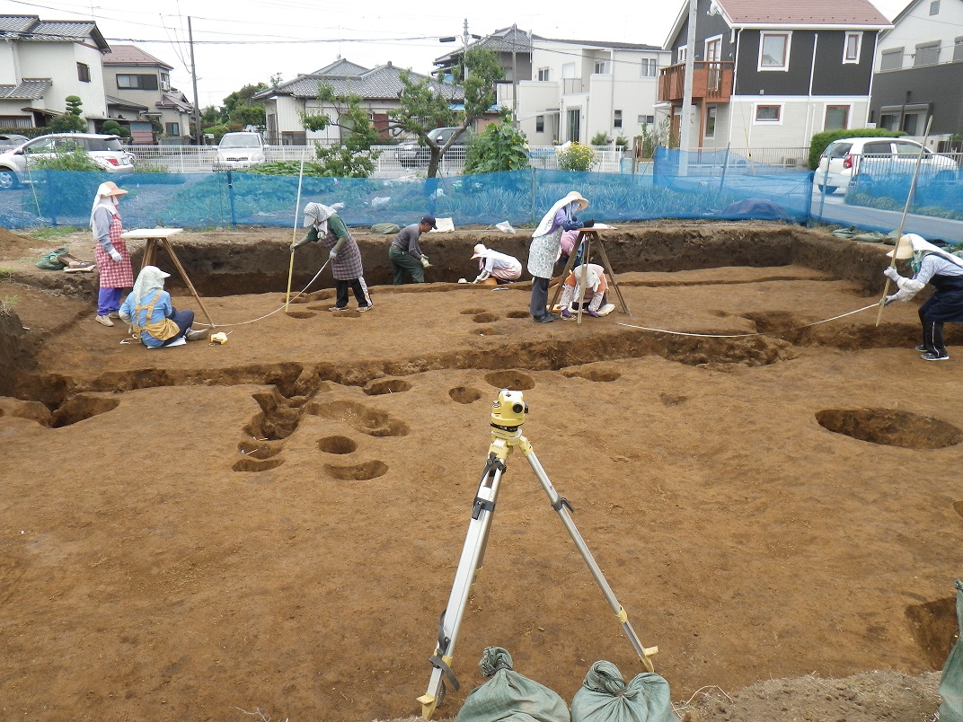 調査区域内で3人1組になってメジャーで長さを計っている作業員の写真