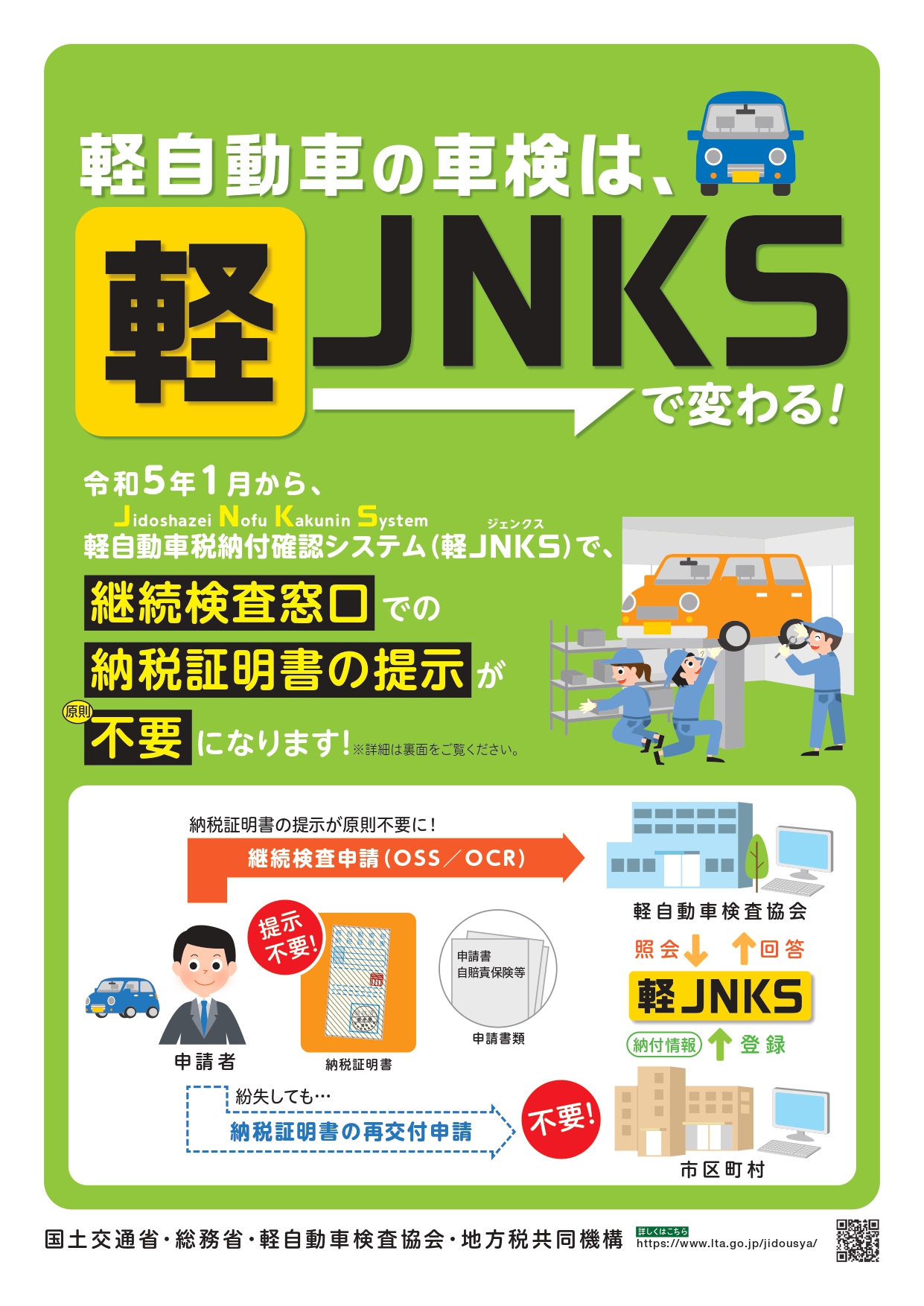 令和5年1月から、軽ジェンクスで、継続検査窓口での納税証明書の提示が原則不要になります。