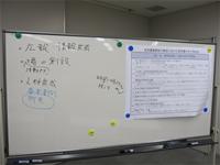 模造紙が貼られ、書き込みがされているホワイトボードの写真