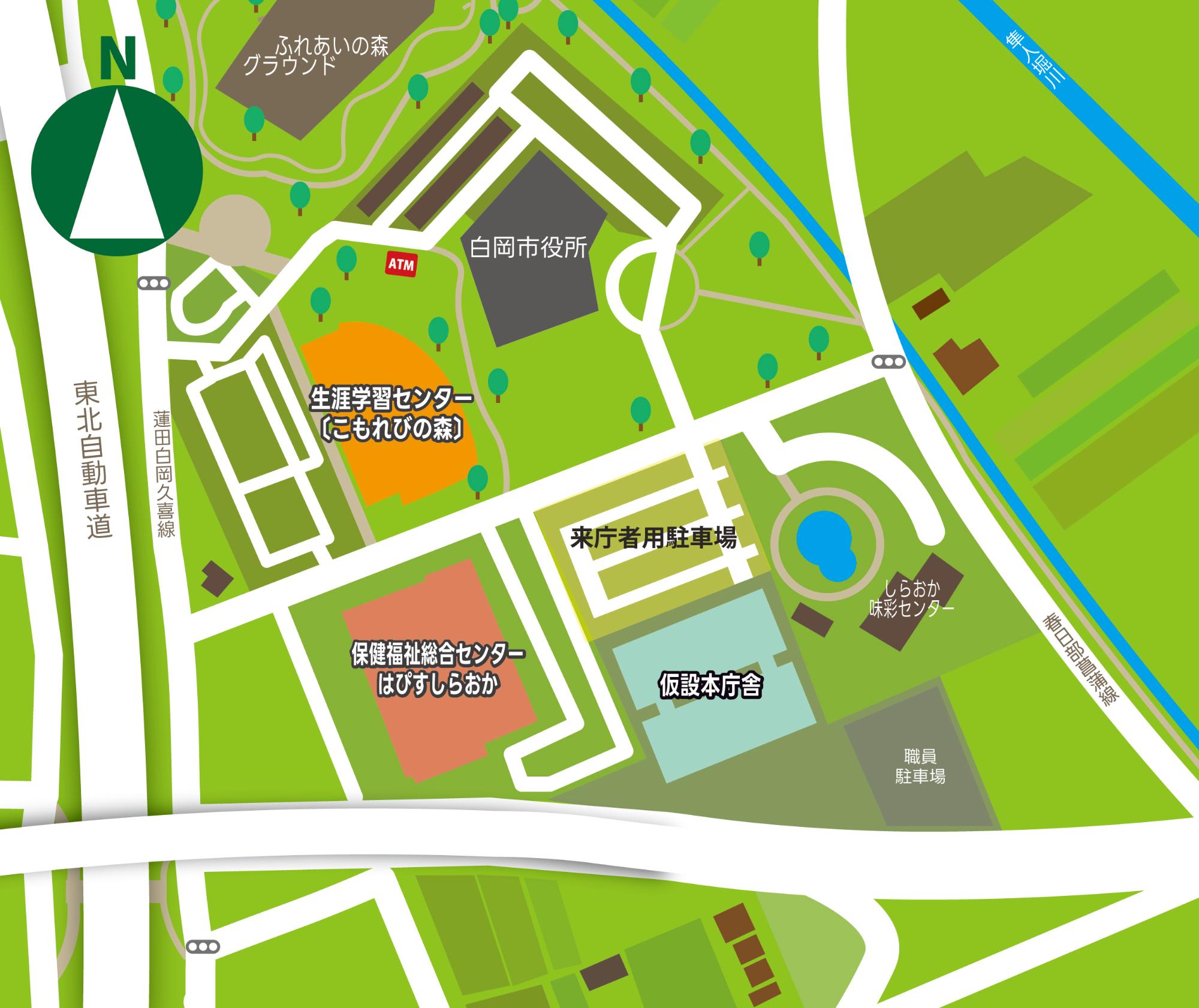 令和7年度12月15日以降の窓口位置図です。職員駐車場だった位置に仮設本庁舎（プレハブ）が完成したことで、こもれびの森が通常通り使用できるようになるほか、はぴすに置かれていた一部の課が仮設本庁舎に移動します。