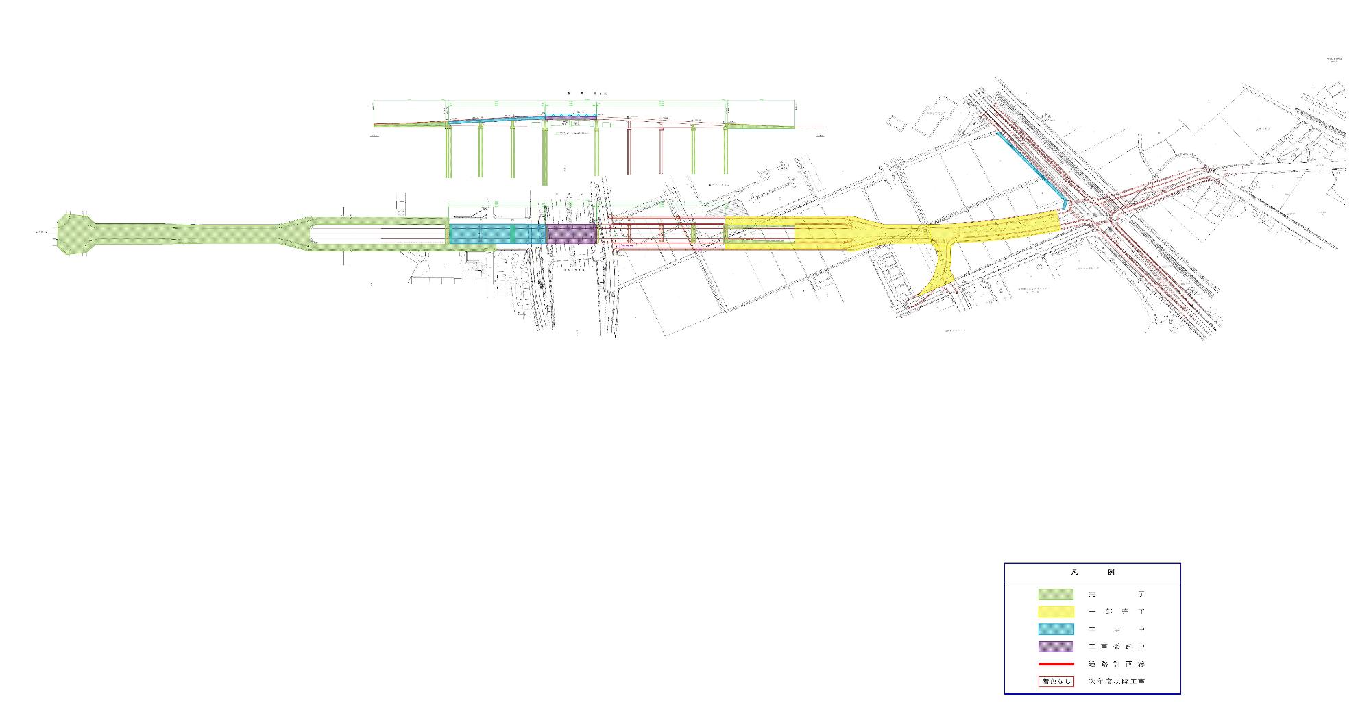 各ブロックの工事の進捗を状況ごとに色分けして示した鳥瞰図