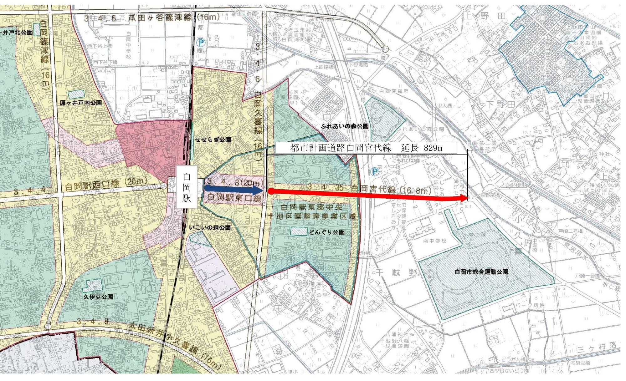 白岡宮代線の位置を赤線で示した都市計画図