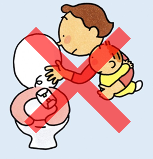 トイレにおむつを捨てている赤ちゃんを抱いた女性に大きなバツ印がついているイラスト