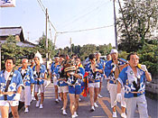30人ほどの人が、伝統的なお祭りに使う衣装を着て、田舎町を練り歩いている、白岡新田地区の天王様の様子を写した写真
