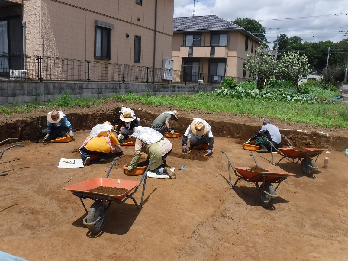 調査区内の地面を掘り確認する作業を行っている8人の作業者の方々の写真