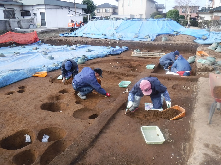 青い作業服を着た作業員の方々がしゃがんで穴を掘るなどして発掘調査をしている写真