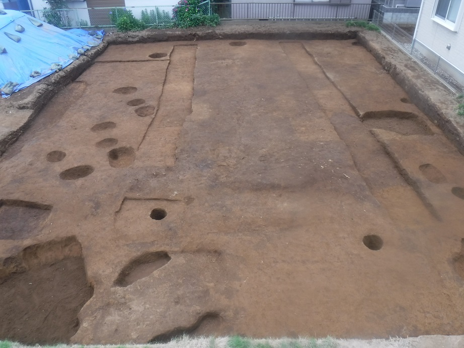 住宅に囲まれた区画内に2本の並列した溝や複数の穴がある発掘調査区域の写真
