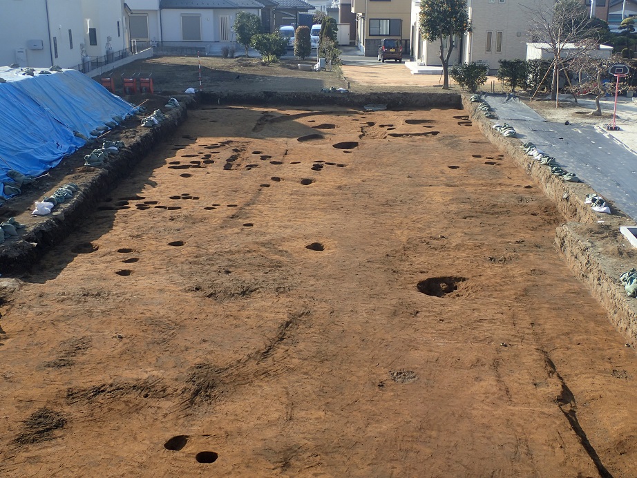 住宅街の一角にある、地表面に複数の穴が開いている山遺跡の調査区域の写真