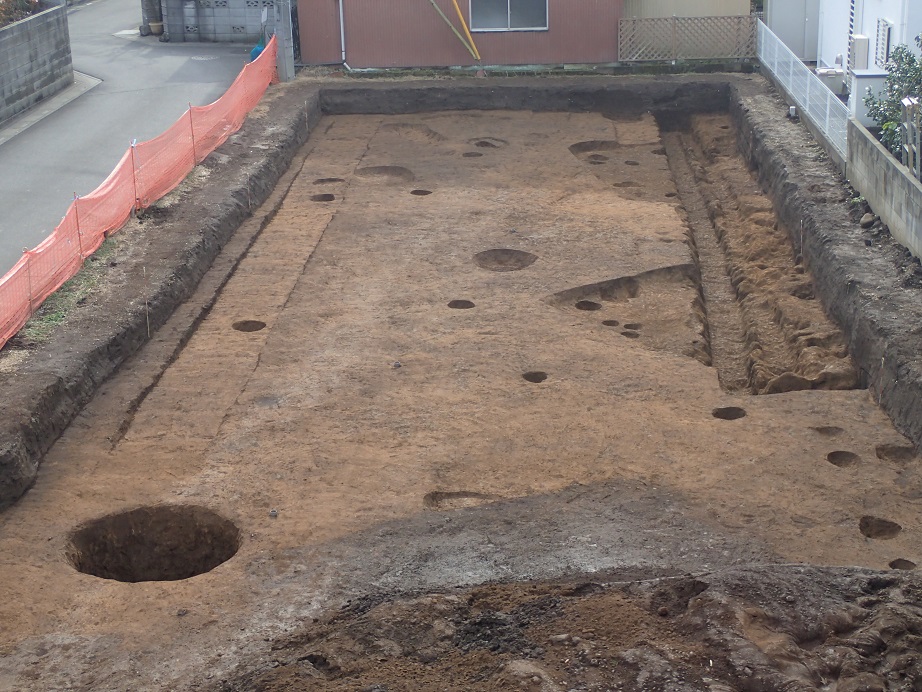 遺跡の中にあちらこちらに大小の円形の穴や長方形の形に真っすぐに伸びる溝など遺構の後が見られる遺跡の様子の写真