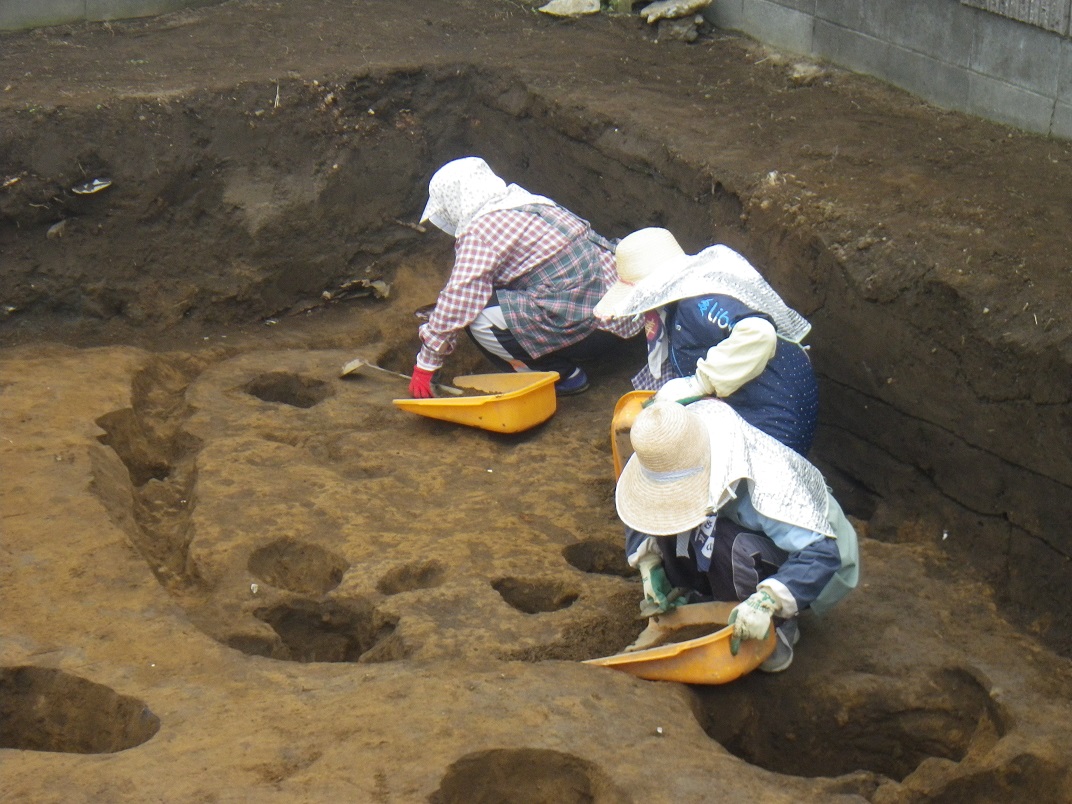 調査区域内で掘った土をてみに移して出土品を探している作業員の写真