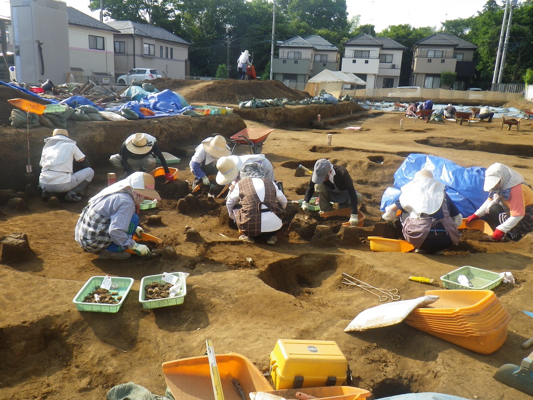 調査区で沢山の協力者の方々が土を掘って発掘調査を行っている様子の写真