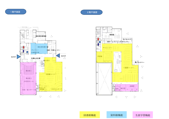 白岡市生涯学習センターの1階・2階をそれぞれ図書館機能のエリアを黄色、資料館機能のエリアを青、生涯学習機能のエリアをピンクで示した館内マップ