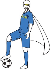 青いユニフォームを着てサッカーボールを足で押さえているシラオ仮面のイラスト