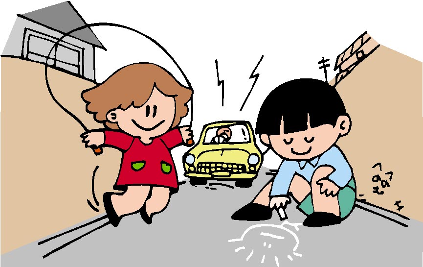 路上で縄跳びで遊ぶ女の子とお絵かきをする男の子の後ろから車が接近して来るイラスト